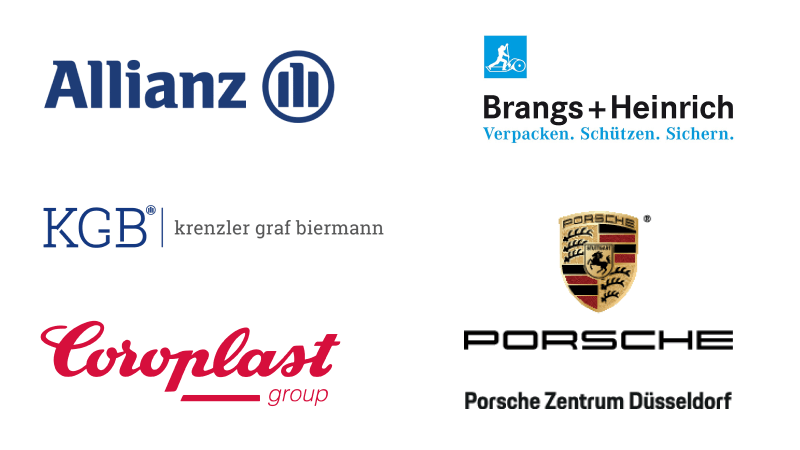 Logos der Sponsoren: Allianz, Brangs + Heinrich, Coroplast, Krenzler Graf Biermann, Porsche Zentrum Düsseldorf